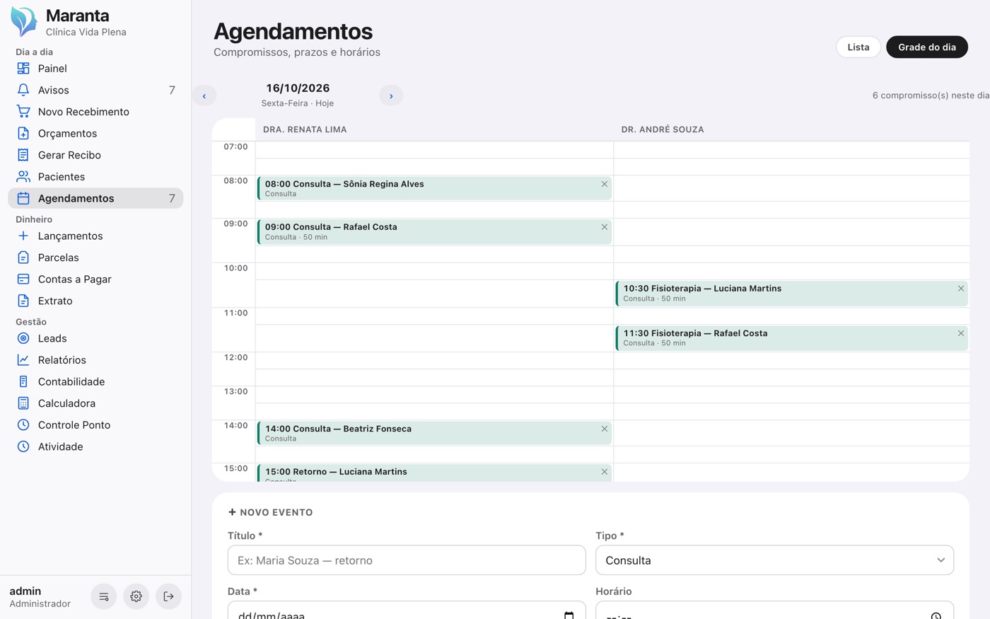 Os agendamentos de cada profissional, lado a lado.