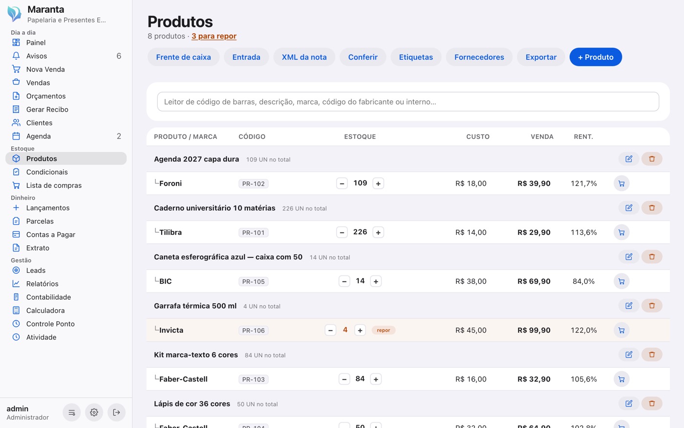Quanto tem de cada produto, quanto custou, por quanto vende — e o que está acabando aparece em destaque.