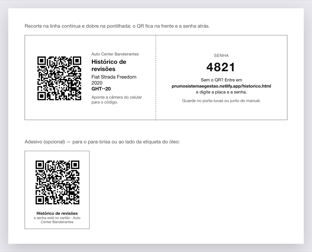 Cartão impresso pela Maranta com o QR Code do veículo na frente e a senha atrás