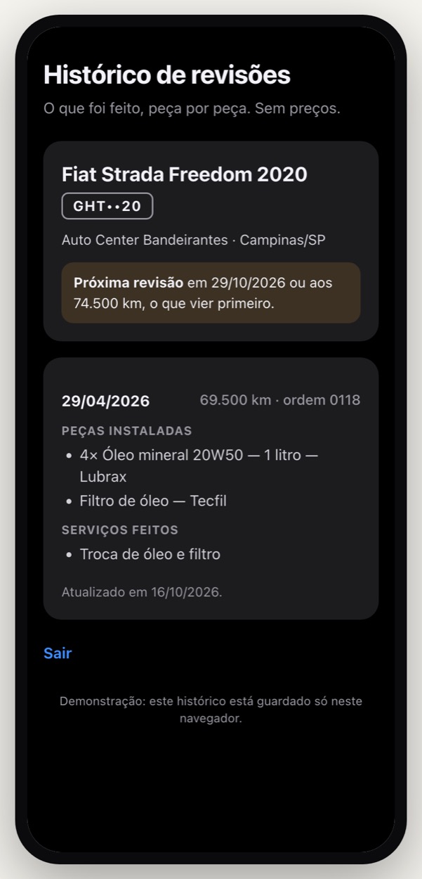 A página que o dono do carro vê no celular: peças instaladas, serviços feitos e a próxima revisão
