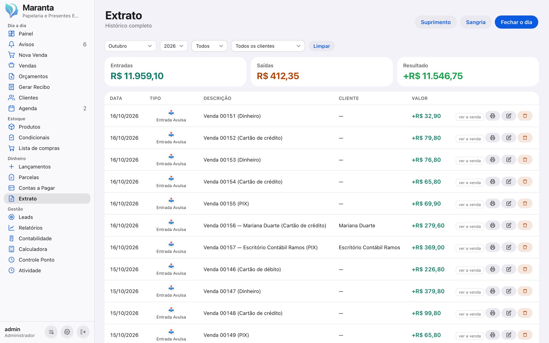 Extrato com todas as entradas e saídas