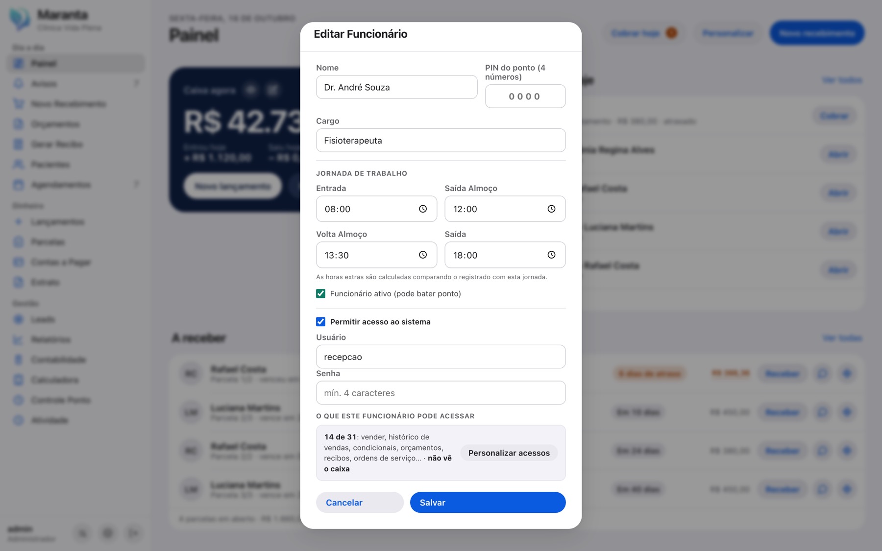 Cadastro de funcionário com o resumo das permissões