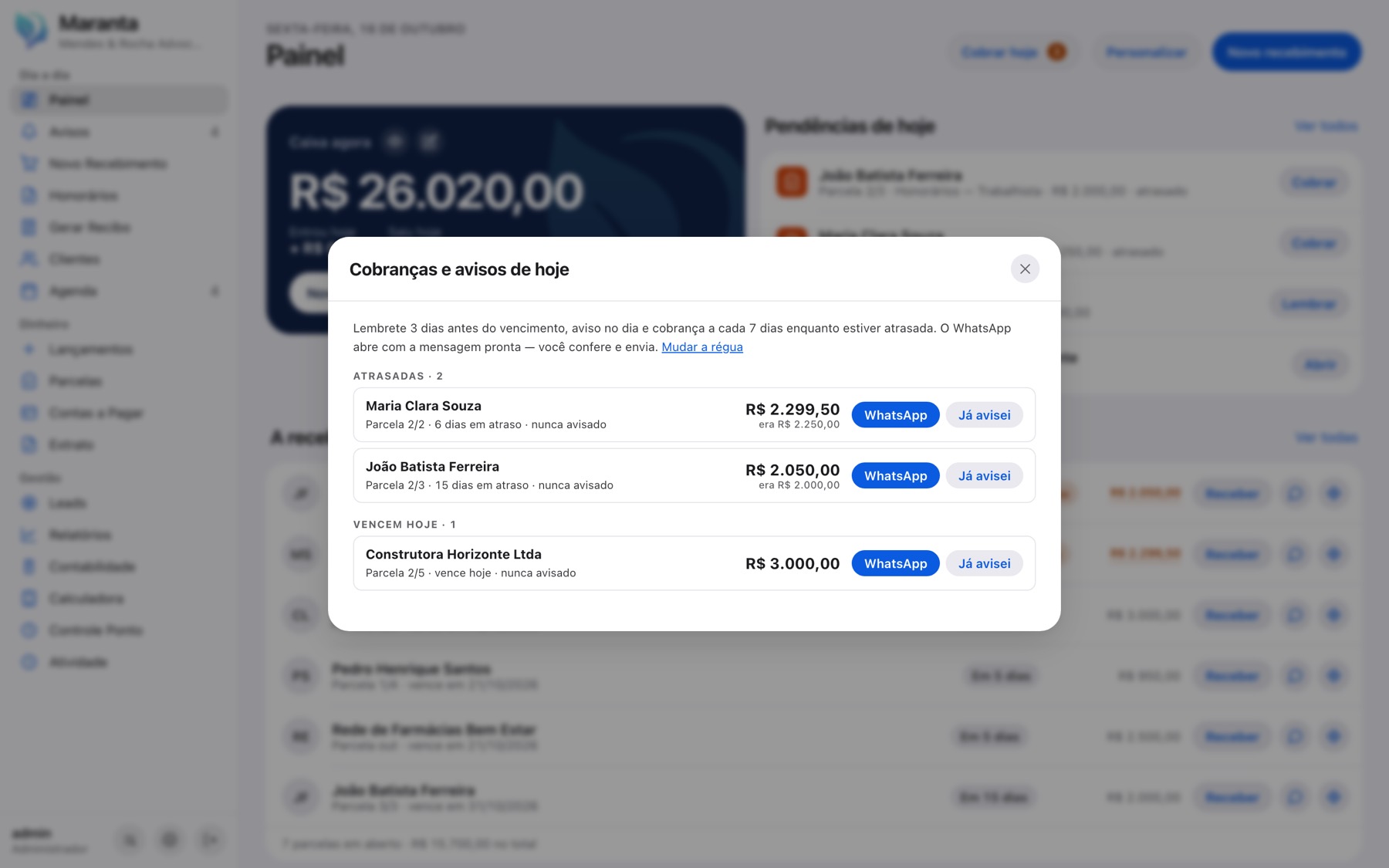 Lista de cobranças e avisos de hoje