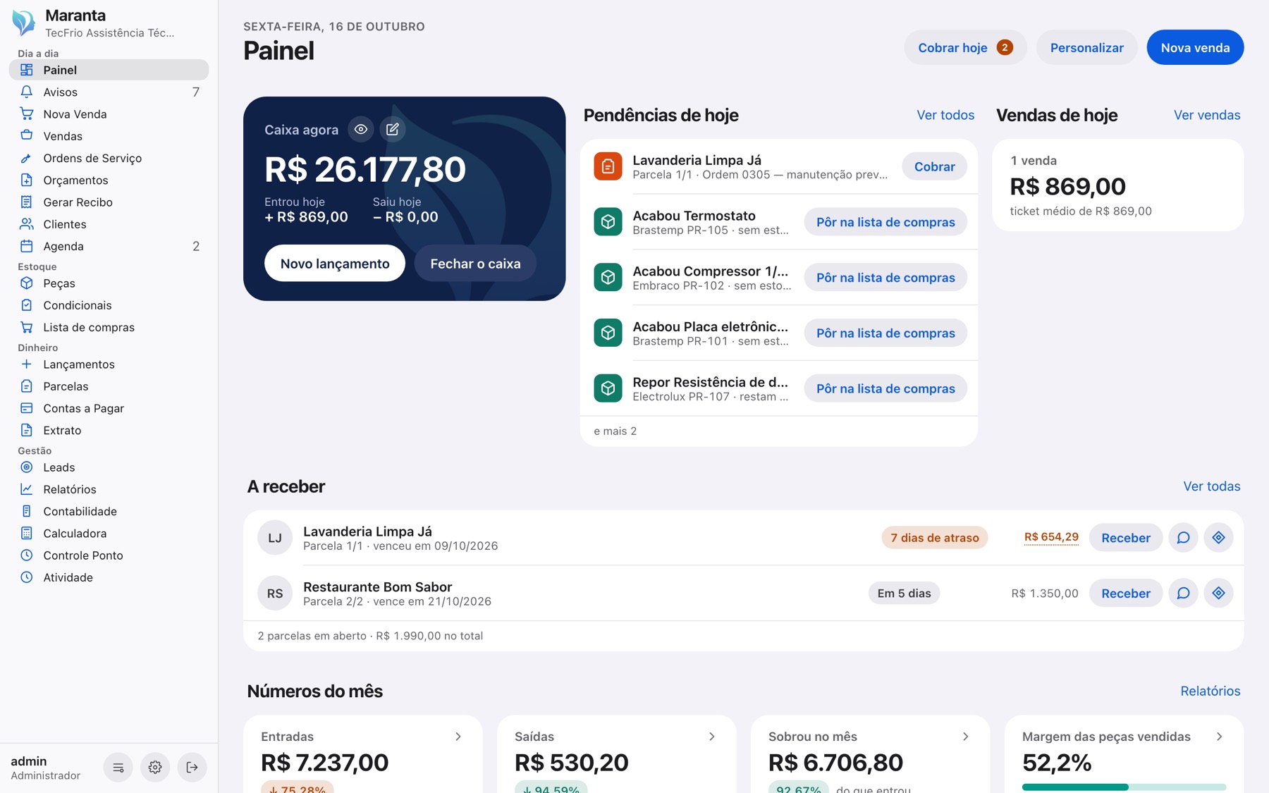 O Painel de assistência técnica, com uma empresa de exemplo.