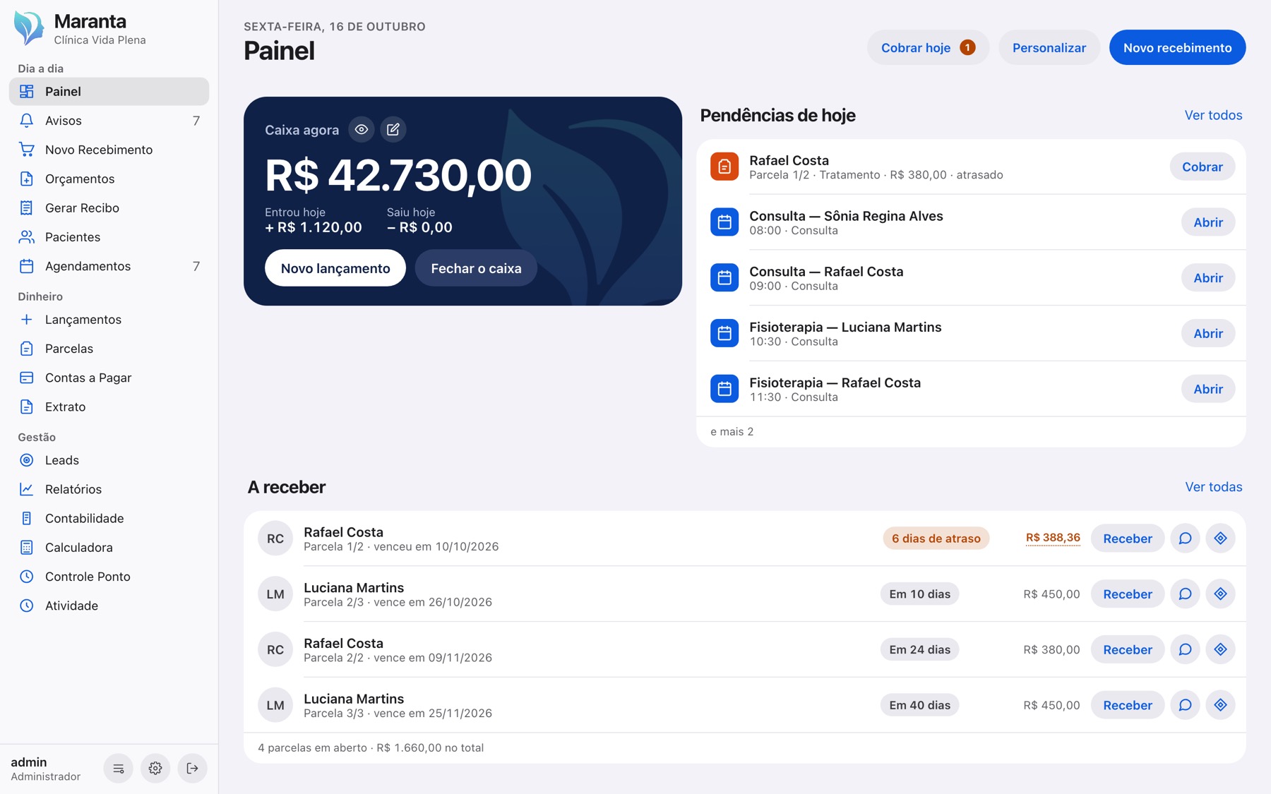 O Painel da Maranta para clínica e consultório, com dados de exemplo