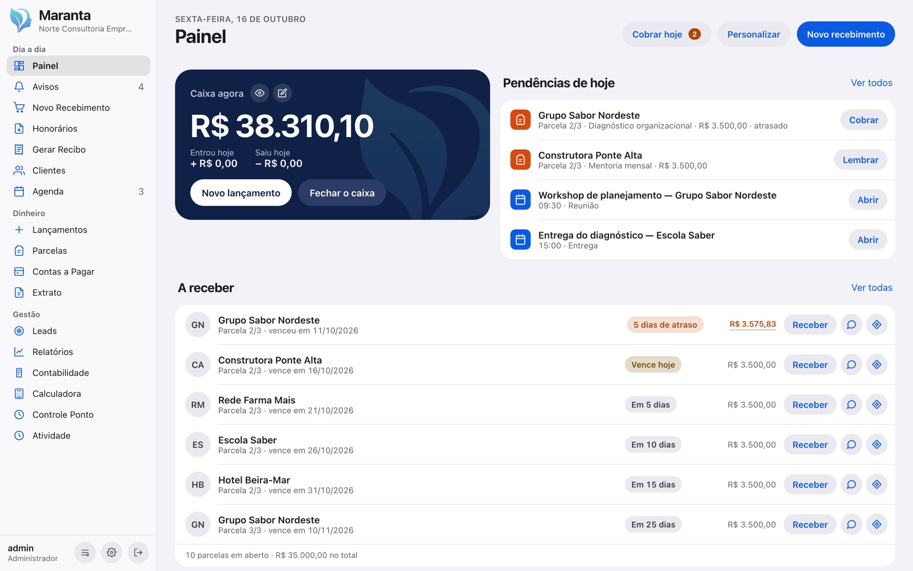 O Painel de consultoria, com uma empresa de exemplo.